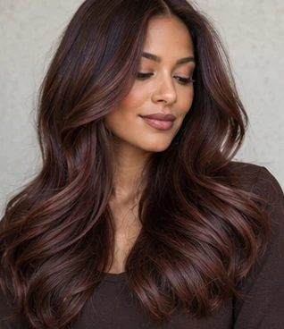 Mahogany chocolate sheen on an adult woman — original AI-generated hair color inspiration