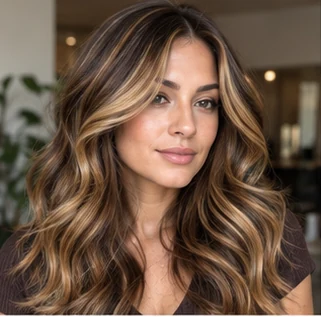 Caramel chunky highlights on an adult woman — original AI-generated hair color inspiration