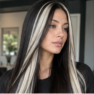 Platinum chunks on black hair on an adult woman — original AI-generated hair color inspiration