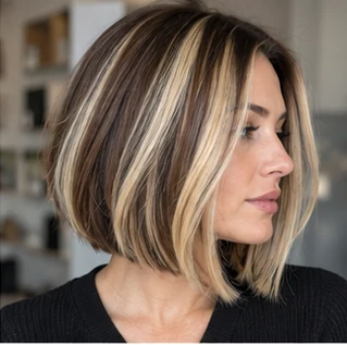 Beige blonde chunky bob on an adult woman — original AI-generated hair color inspiration
