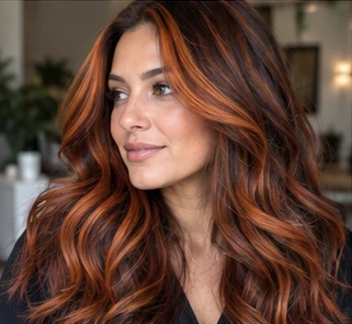 Copper chunky ribbons on an adult woman — original AI-generated hair color inspiration