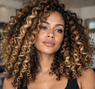 Chunky highlights on curls on an adult woman — original AI-generated hair color inspiration