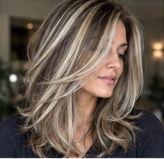 Ash blonde chunky layers on an adult woman — original AI-generated hair color inspiration