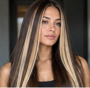 Chunky highlights straight hair on an adult woman — original AI-generated hair color inspiration