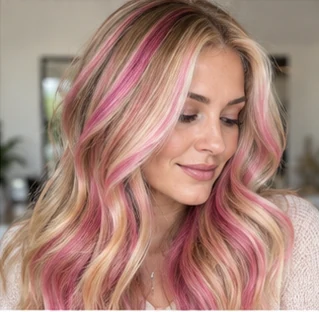 Pink chunky highlights on an adult woman — original AI-generated hair color inspiration