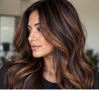 Chestnut chunky highlights on an adult woman — original AI-generated hair color inspiration