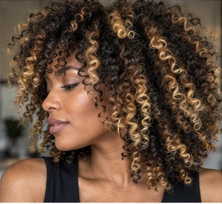 Chunky highlights on coils on an adult woman — original AI-generated hair color inspiration
