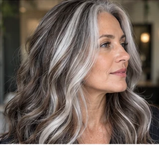 Silver chunky ribbons on an adult woman — original AI-generated hair color inspiration