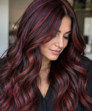 Burgundy chunky panels on an adult woman — original AI-generated hair color inspiration