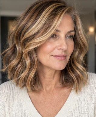 Mature caramel chunky lob on an adult woman — original AI-generated hair color inspiration