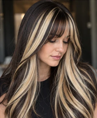 Blonde and brown contrast fringe on an adult woman — original AI-generated hair color inspiration