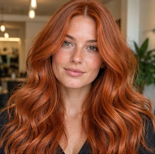 Classic copper waves on an adult woman — original AI-generated hair color inspiration