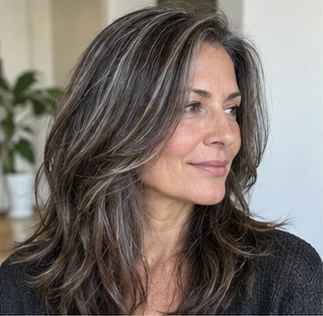Salt and pepper brunette on an adult woman — original AI-generated hair color inspiration