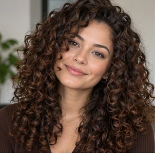 Chocolate brown curls on an adult woman — original AI-generated hair color inspiration
