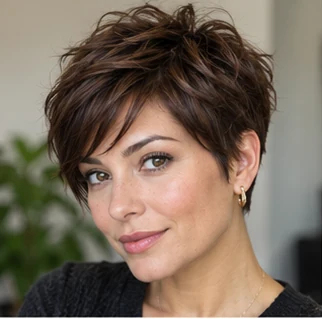 Chocolate brown pixie on an adult woman — original AI-generated hair color inspiration