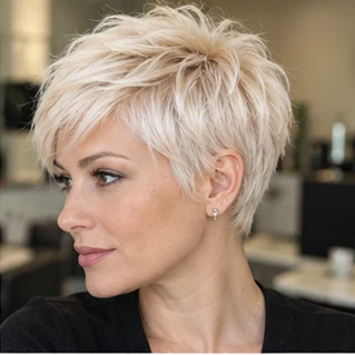 Platinum pixie on an adult woman — original AI-generated hair color inspiration