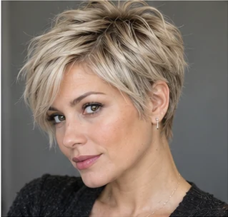 Ash blonde pixie on an adult woman — original AI-generated hair color inspiration