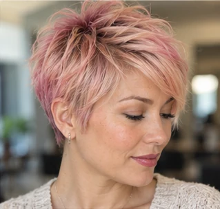 Rose gold pixie on an adult woman — original AI-generated hair color inspiration