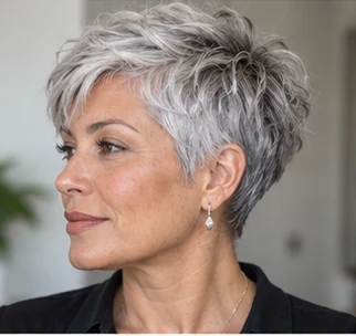 Silver gray pixie on an adult woman — original AI-generated hair color inspiration