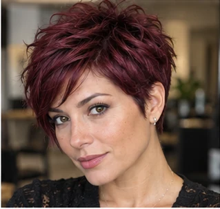 Burgundy pixie on an adult woman — original AI-generated hair color inspiration