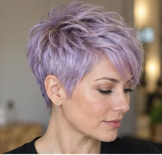 Lavender pixie on an adult woman — original AI-generated hair color inspiration