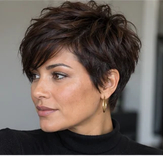 Espresso pixie on an adult woman — original AI-generated hair color inspiration