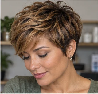 Caramel highlighted pixie on an adult woman — original AI-generated hair color inspiration