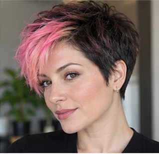 Pink accent fringe on an adult woman — original AI-generated hair color inspiration