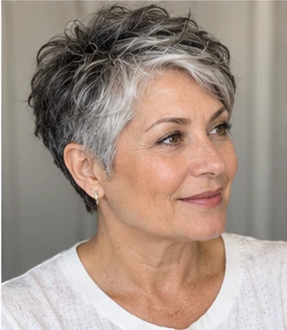 Mature salt and pepper pixie on an adult woman — original AI-generated hair color inspiration