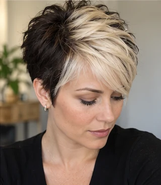 Split blonde brunette pixie on an adult woman — original AI-generated hair color inspiration