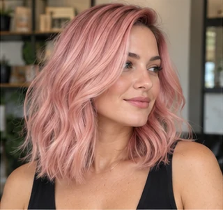 Blush pink lob on an adult woman — original AI-generated hair color inspiration