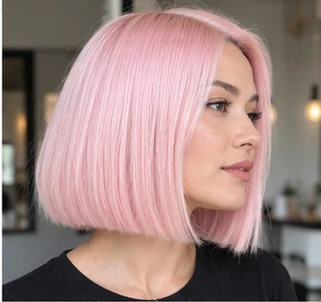 Baby pink blunt bob on an adult woman — original AI-generated hair color inspiration