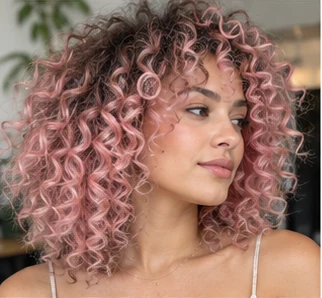 Pastel pink curls on an adult woman — original AI-generated hair color inspiration