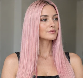 Pastel pink straight hair on an adult woman — original AI-generated hair color inspiration