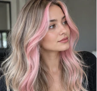 Pink face-framing pieces on an adult woman — original AI-generated hair color inspiration