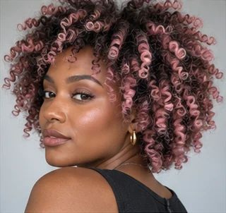 Pastel pink coils on an adult woman — original AI-generated hair color inspiration