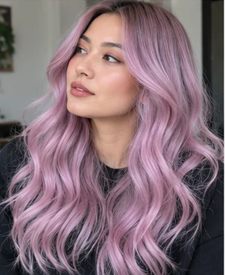 Lilac pink blend on an adult woman — original AI-generated hair color inspiration