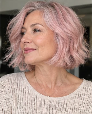 Mature pastel pink bob on an adult woman — original AI-generated hair color inspiration