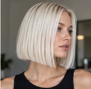 Platinum blunt bob on an adult woman — original AI-generated hair color inspiration