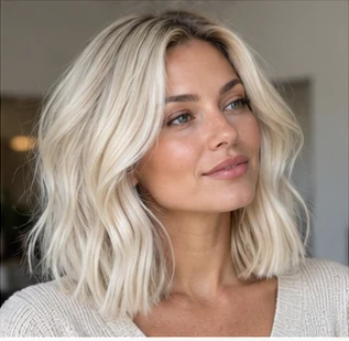 Creamy platinum lob on an adult woman — original AI-generated hair color inspiration