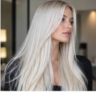 Icy platinum lengths on an adult woman — original AI-generated hair color inspiration