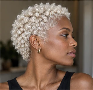 Platinum coily crop on an adult woman — original AI-generated hair color inspiration