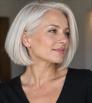 Mature platinum bob on an adult woman — original AI-generated hair color inspiration