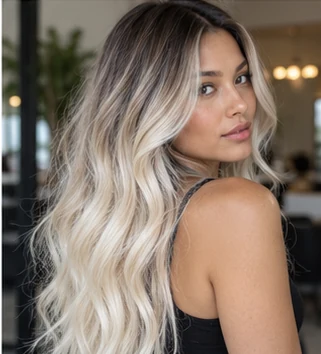 Platinum ombre lengths on an adult woman — original AI-generated hair color inspiration