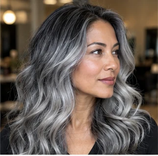 Charcoal rooted silver on an adult woman — original AI-generated hair color inspiration
