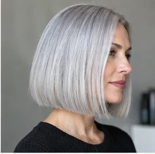 Silver blunt bob on an adult woman — original AI-generated hair color inspiration