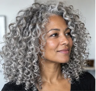 Silver natural curls on an adult woman — original AI-generated hair color inspiration