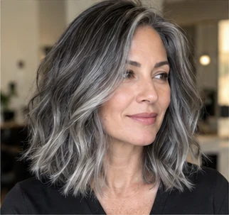 Salt and pepper lob on an adult woman — original AI-generated hair color inspiration