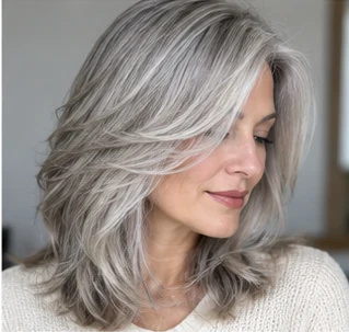 Pearl gray layers on an adult woman — original AI-generated hair color inspiration