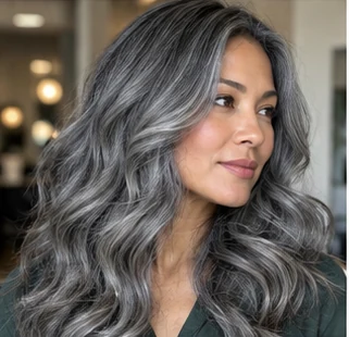 Steel gray waves on an adult woman — original AI-generated hair color inspiration
